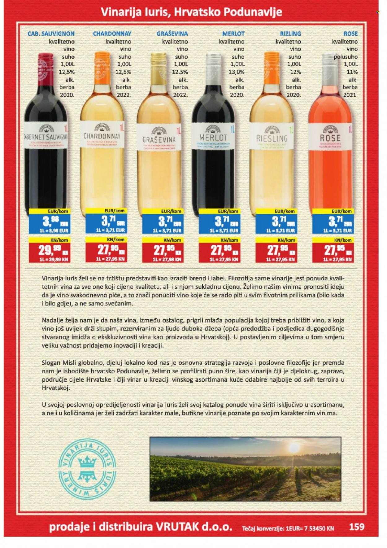 thumbnail - Vrutak katalog - 24.11.2023. - 31.10.2024. - Sniženi proizvodi - napitak, bijelo vino, crno vino, Graševina, Chardonnay, Merlot, Riesling, vino, alkohol. Stranica 159.