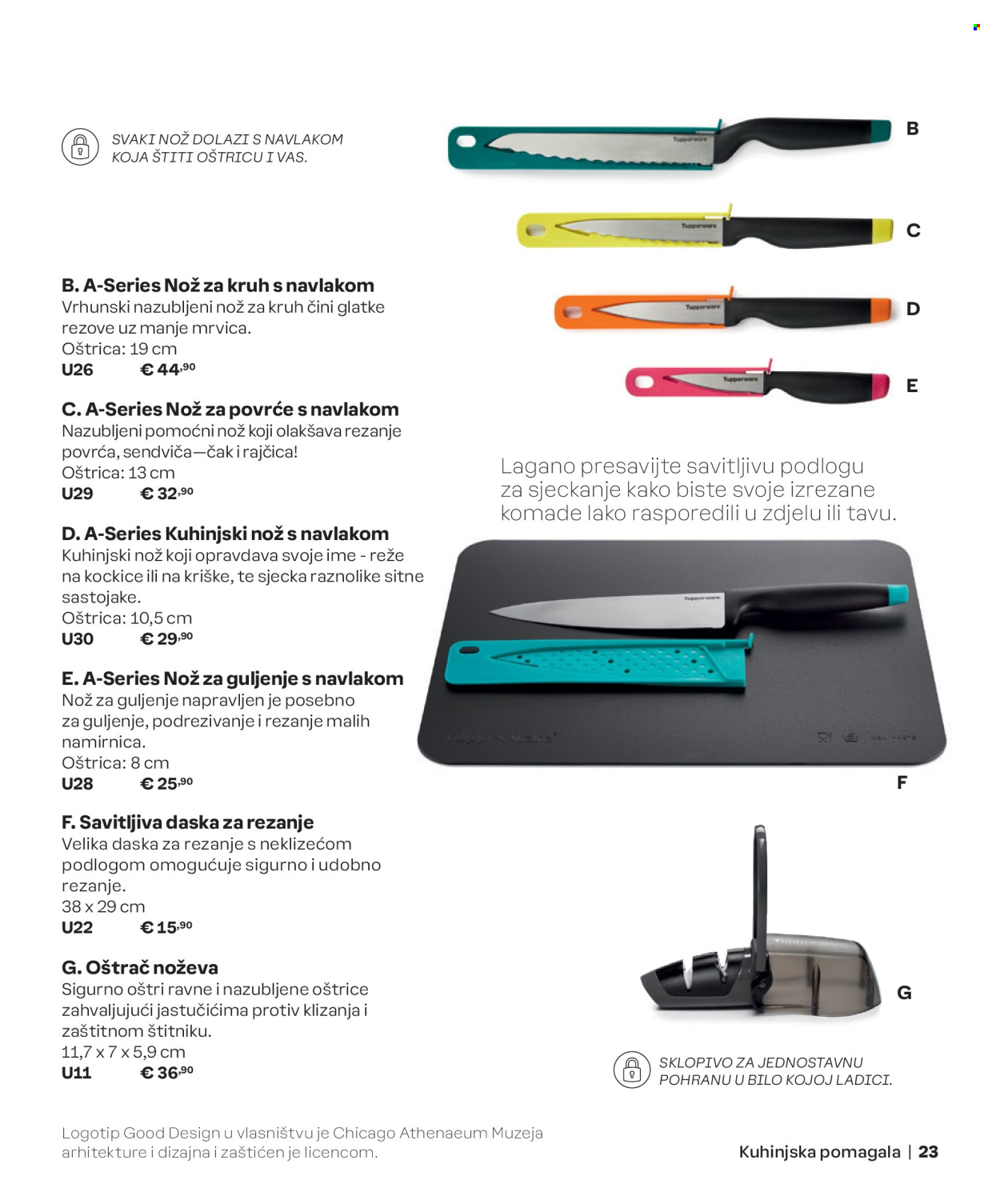 thumbnail - Tupperware katalog - Sniženi proizvodi - oštrač noževa, nož, daska za rezanje, set kuhinjskih pomagala. Stranica 23.
