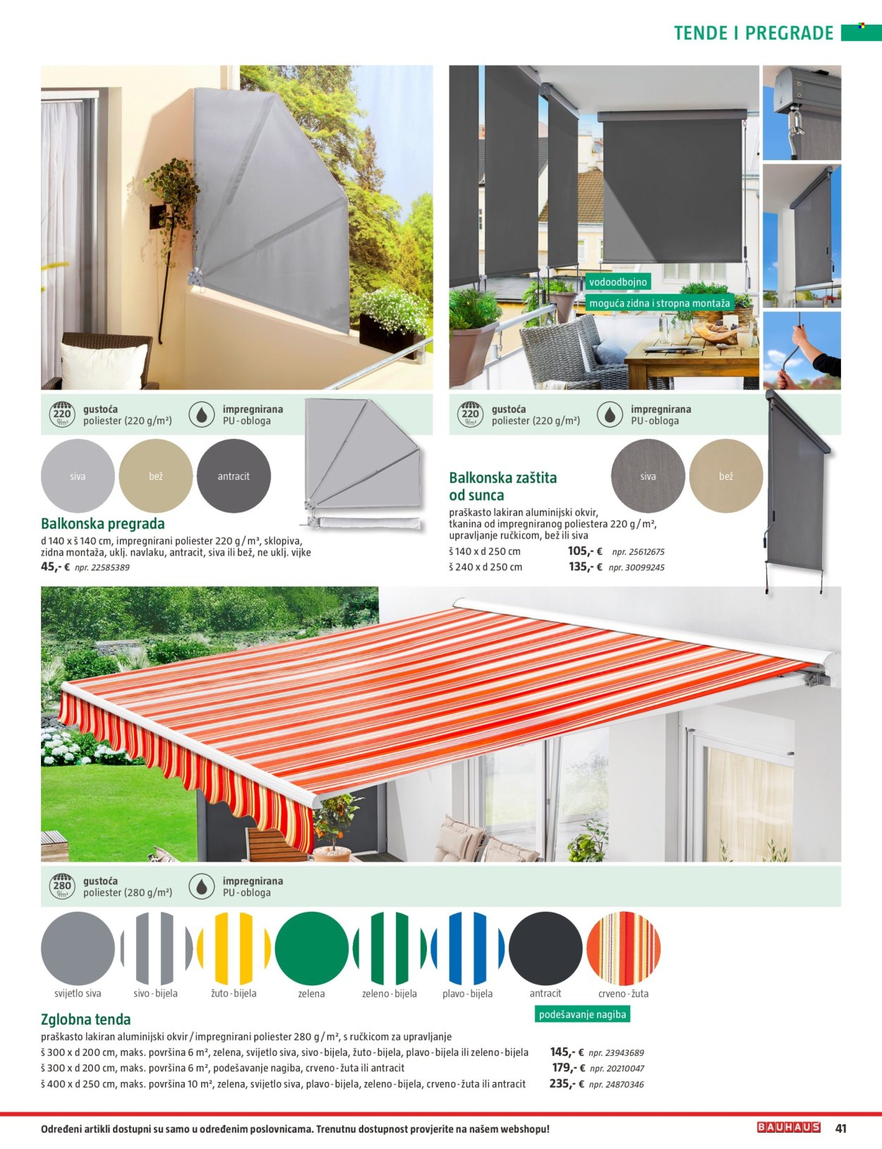 thumbnail - Bauhaus katalog - 15.04.2024. - 31.07.2024. - Sniženi proizvodi - zglobna tenda, tenda, sjenilo za sunce, zaštita za balkon. Stranica 41.