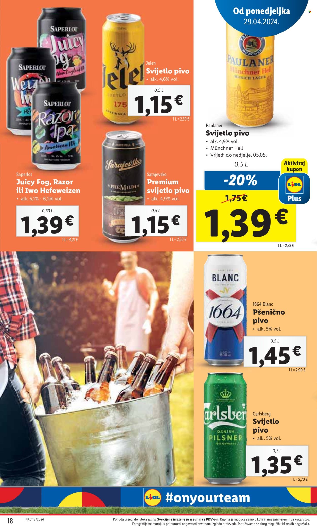 thumbnail - Lidl katalog - 29.04.2024. - 05.05.2024. - Sniženi proizvodi - alkohol, Carlsberg, pivo, svijetlo pivo, Paulaner, Juicy, Saperlot. Stranica 18.