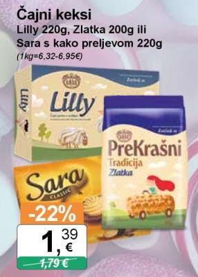 Čajni keksi Lilly 220g, Zlatka 200g ili Sara s kako preljevom 220g