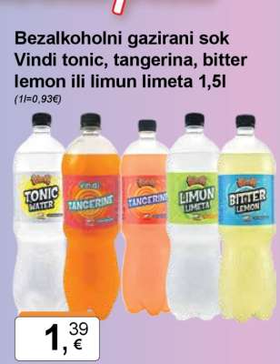 Bezalkoholni gazirani sok Vindi tonic, tangerina, bitter lemon ili limun limeta 1,5l