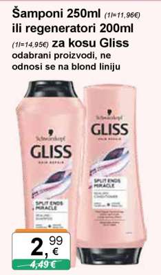 Šamponi 250ml ili regeneratori 200ml za kosu Gliss