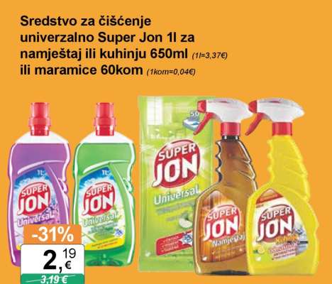 Sredstvo za čišćenje univerzalno Super Jon 1l za namještaj ili kuhinju 650ml ili maramice 60kom