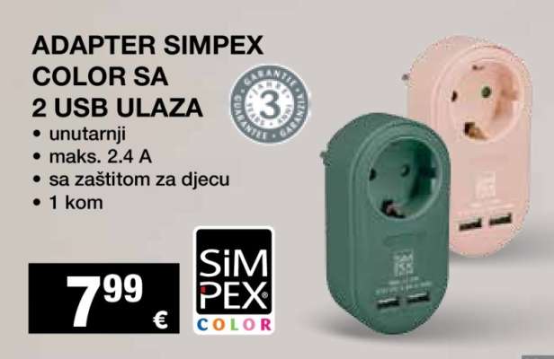 ADAPTER SIMPEX COLOR SA 2 USB ULAZA