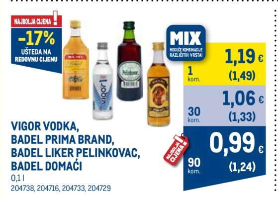 VIGOR VODKA, BADEL PRIMA BRAND, BADEL LIKER PELINKOVAC, BADEL DOMAĆI