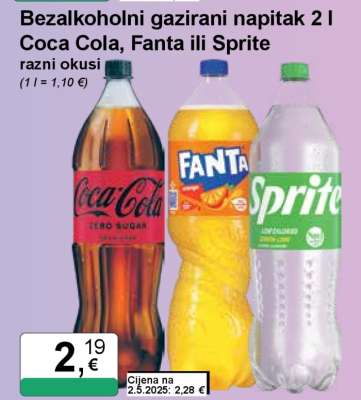 Bezalkoholni gazirani napitak 2 l Coca Cola, Fanta ili Sprite