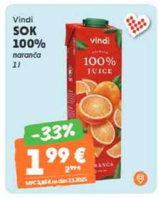 VINDI SOK 100% naranča, 1l