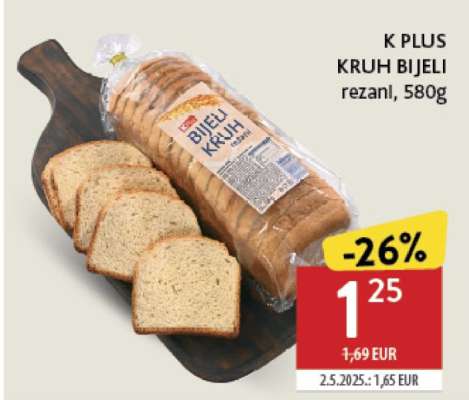 K PLUS KRUH BIJELI rezani, 580g