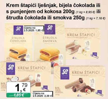 Krem štapići lješnjak, bijela čokolada ili s punjenjem od kokosa 200g