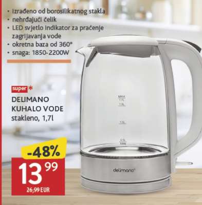 DELIMANO KUHALO VODE stakleno, 1,7l