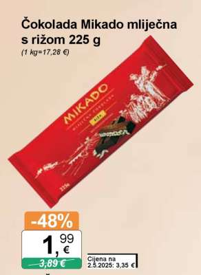 Čokolada Mikado mliječna s rižom 225 g