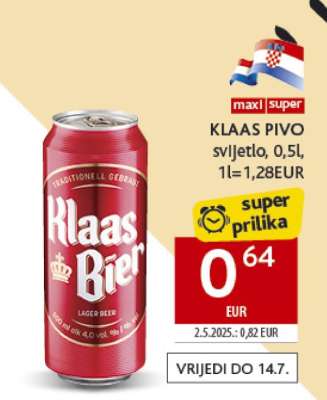 KLAAS PIVO svijetlo, 0,5l, 1l=1,28EUR