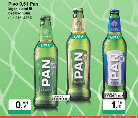 Pivo 0,5 l Pan lager, zlatni ili bezalkoholni