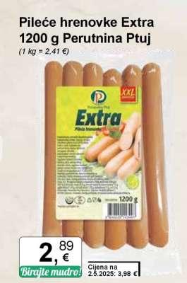 Pileće hrenovke Extra 1200 g Perutnina Ptuj