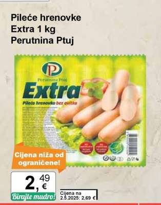 Pileće hrenovke Extra 1 kg Perutnina Ptuj