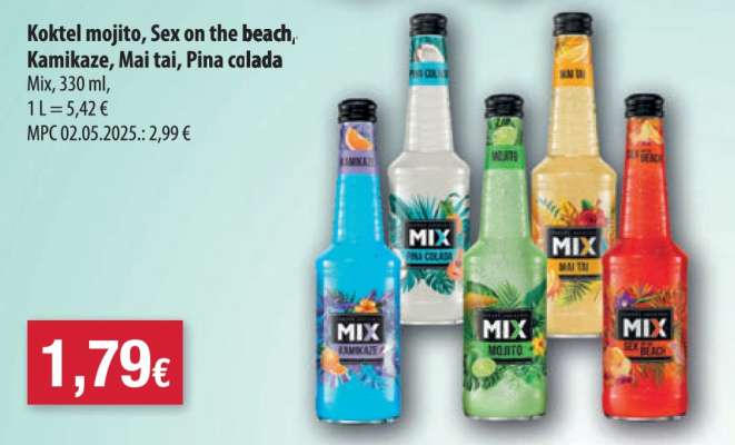 Koktel mojito, Sex on the beach, Kamikaze, Mai tai, Pina colada