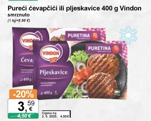 Pureći ćevapčići ili pljeskavice 400 g Vindon