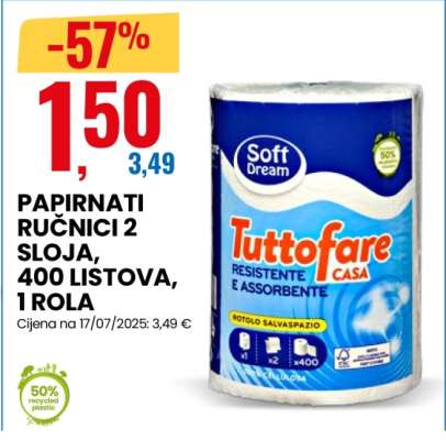 PAPIRNATI RUČNICI 2 SLOJA, 400 LISTOVA, 1 ROLA