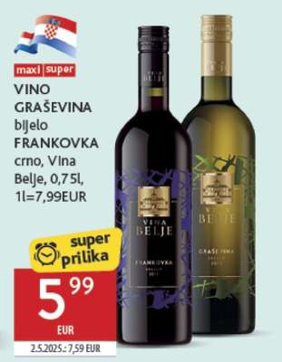 VINO GRAŠEVINA bijelo FRANKOVKA crno, Vina Belje, 0,75l, 1l=7,99EUR