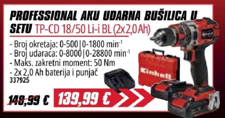 PROFESSIONAL AKU UDARNA BUŠILICA U SETU TP-CD 18/50 Li-i BL (2x2,0Ah)