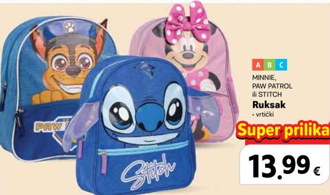 MINNIE, PAW PATROL ili STITCH Ruksak