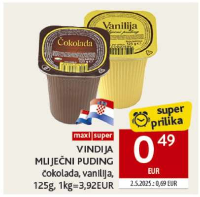VINDIJA MLIJEČNI PUDING čokolada, vanilija