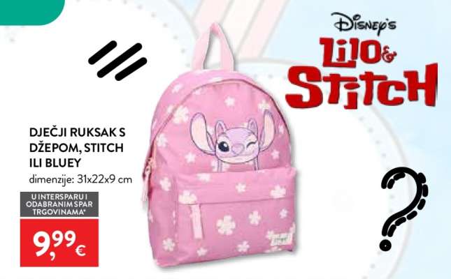 DJEČJI RUKSAK S DŽEPOM, STITCH ILI BLUEY