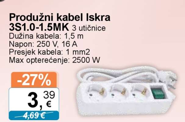 Produžni kabel Iskra 3S1.0-1.5MK