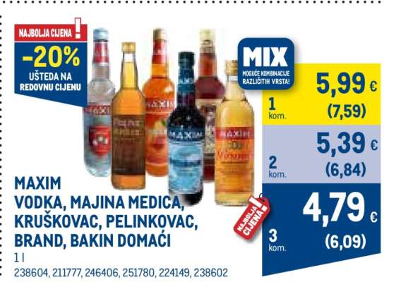 MAXIM VODKA, MAJINA MEDICA, KRUŠKOVAC, PELINKOVAC, BRAND, BAKIN DOMAĆI