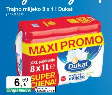 Trajno mlijeko 8 x 1 l Dukat