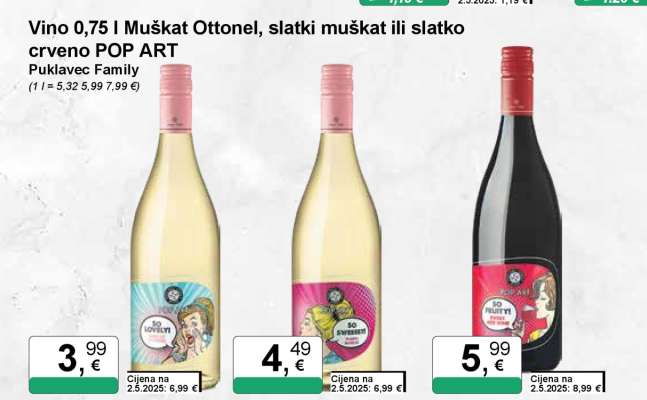 Vino 0,75 l Muškat Ottonel, slatki muškat ili slatko crveno POP ART