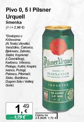 Pivo 0, 5 l Pilsner Urquell limenka