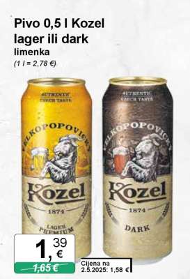 Pivo 0,5 l Kozel lager ili dark limenka