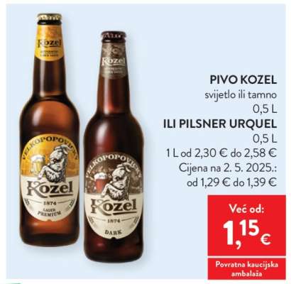 PIVO KOZEL svijetlo ili tamno 0,5 L ILI PILSNER URQUEL 0,5 L