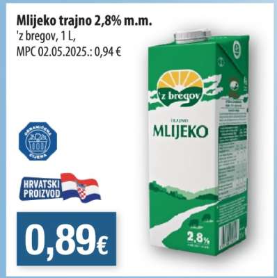 Mlijeko trajno 2,8% m.m.
