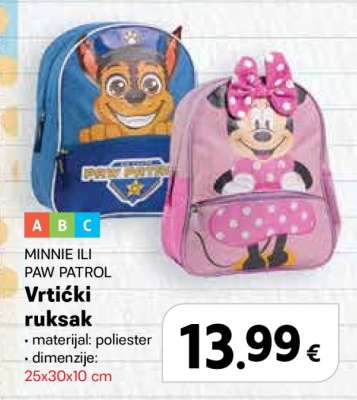 MINNIE ILI PAW PATROL Vrtićki ruksak