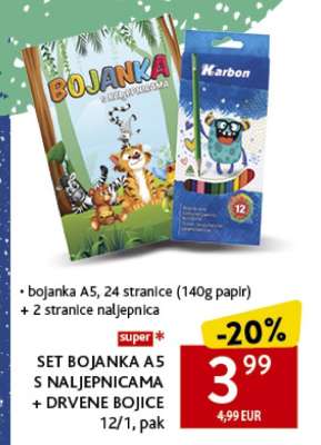 SET BOJANKA A5 S NALJEPNICAMA + DRVENE BOJICE 12/1, pak