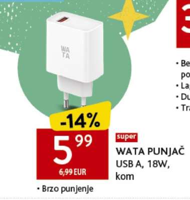 WATA PUNJAČ USB A, 18W, kom