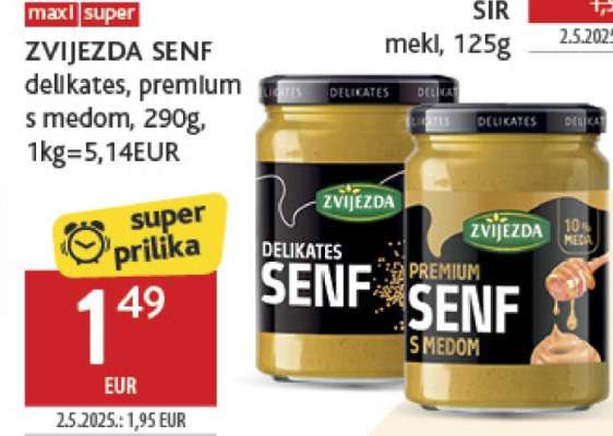 ZVIJEZDA SENF delikates, premium s medom, 290g, 1kg=5,14EUR