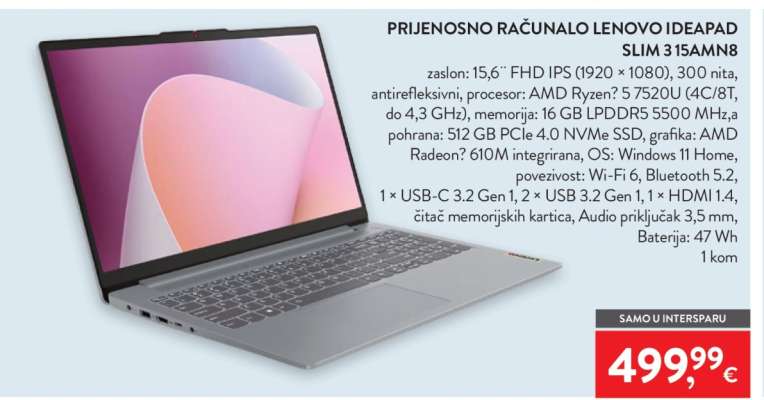 PRIJENOSNO RAČUNALO LENOVO IDEAPAD SLIM 3 15AMN8