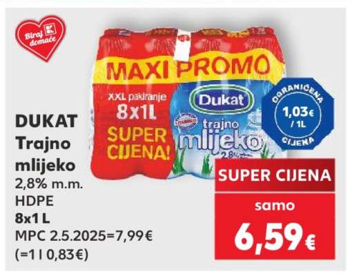 DUKAT Trajno mlijeko 2,8% m.m. HDPE 8x1 L