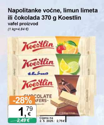 Napolitanke voćne, limun - limeta ili čokolada 370 g Koestlin