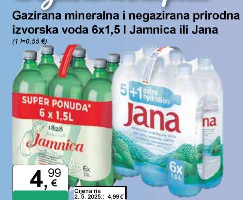 Gazirana mineralna i negazirana prirodna izvorska voda 6x1,5 l Jamnica ili Jana