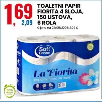 TOALETNI PAPIR FIORITA 4 SLOJA, 150 LISTOVA, 6 ROLA