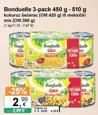 Bonduelle 3-pack 450 g - 510 g kukuruz šećerac (OM:420 g) ili meksički mix (OM:390 g)