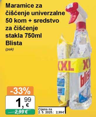 Maramice za čišćenje univerzalne 50 kom + sredstvo za čišćenje stakla 750ml Blista