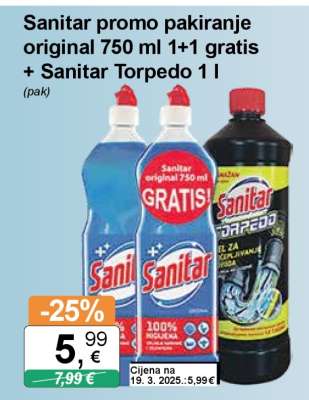 Sanitar promo pakiranje original 750 ml 1+1 gratis + Sanitar Torpedo 1 l