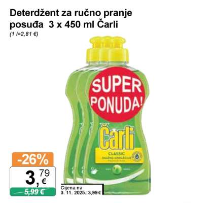 Deterdžent za ručno pranje posuđa 3 x 450 ml Čarli
