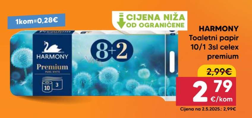 HARMONY Toaletni papir 10/1 3sl celex premium